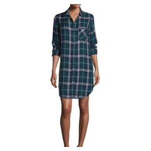 RAILS Bianca Green Navy Blue Plaid Button Front Shift Shirt Dress Size S